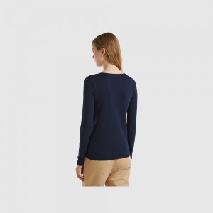 Camisa Manga Larga Benetton pure cotton Mujer Azules Oscuro | SZLNEJ401
