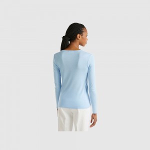 Camisa Manga Larga Benetton pure cotton Mujer Azules Claro | BZJPNG206