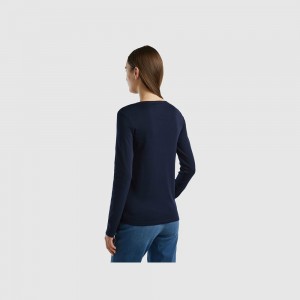 Camisa Manga Larga Benetton pure cotton Mujer Azules Oscuro | WRTFYM604