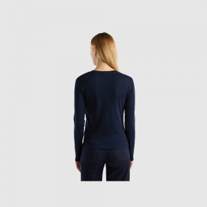 Camisa Manga Larga Benetton pure cotton Mujer Azules Oscuro | WSKUPQ458