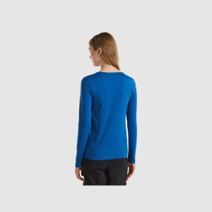 Camisa Manga Larga Benetton pure cotton Mujer Azules | CQDBHS642