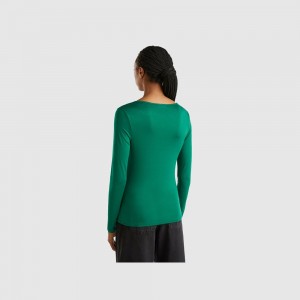 Camisa Manga Larga Benetton stretch viscose Mujer Verdes Oscuro | AFJQMC158