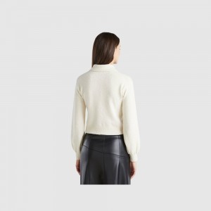 Camisa Polo Benetton Cropped knit polo Mujer Blancos | ATEPJS928