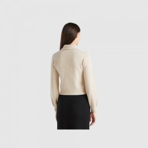 Camisa Polo Benetton Cropped knit polo Mujer Beige | KTIMCB641