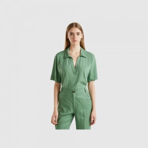 Camisa Polo Benetton cotton and linen blend Mujer Verdes | YSPBQU650