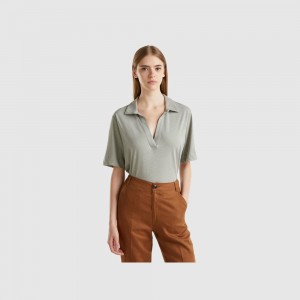 Camisa Polo Benetton cotton and linen blend Mujer Grises | VBEJQO017