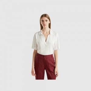 Camisa Polo Benetton cotton and linen blend Mujer Blancos | CEGVBO267