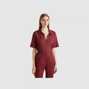 Camisa Polo Benetton cotton and linen blend Mujer Vino | POLUEI624