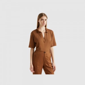 Camisa Polo Benetton cotton and linen blend Mujer Marrom | MSLQBZ524