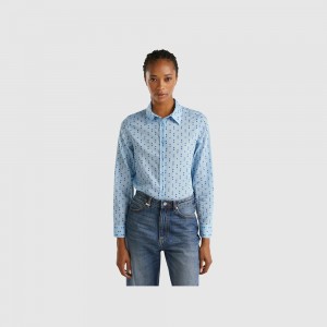 Camisas Benetton 100% cotton patterned Mujer Azules Claro | EHOLIW196