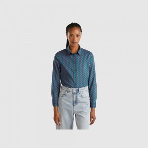 Camisas Benetton 100% cotton patterned Mujer Verdes Oscuro | IJOVYU298