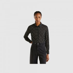 Camisas Benetton 100% cotton patterned Mujer Negros | XRTQVS592