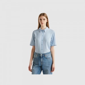 Camisas Benetton 3/4 sleeve viscose Mujer Azules | ILWQCZ532