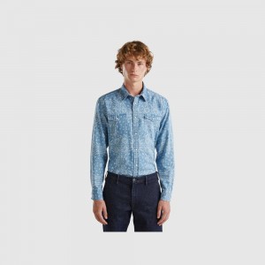 Camisas Benetton Chambray western Hombre Azules Claro | WTVLPG649