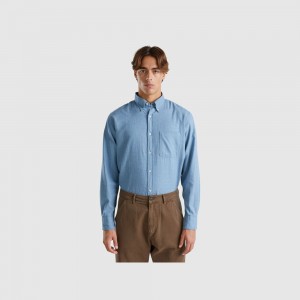 Camisas Benetton Flannel button down Hombre Azules Claro | RJGFTO387