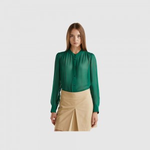 Camisas Benetton Flowy Mandarin collar Mujer Verdes Oscuro | DTUXPK682