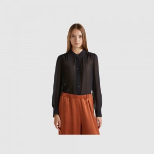 Camisas Benetton Flowy Mandarin collar Mujer Negros | JDBQTL397