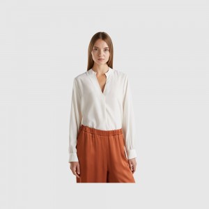 Camisas Benetton Henley neck Mujer Blancos | ZPSNWC962