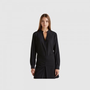 Camisas Benetton Henley neck Mujer Negros | LSXKET439