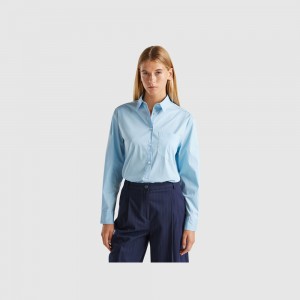 Camisas Benetton Oversized fit Mujer Azules Claro | APDREY236
