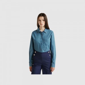 Camisas Benetton Oversized fit chambray Mujer Azules Claro | NCJOLA096