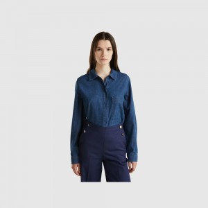 Camisas Benetton Oversized fit chambray Mujer Azules | IPGFQJ417