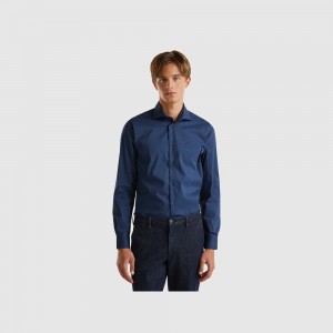 Camisas Benetton Patterned slim fit Hombre Azules Oscuro | EFTCHY895