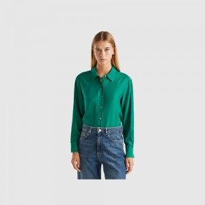 Camisas Benetton Regular fit flowy Mujer Verdes Oscuro | DGQTPA615