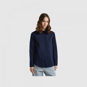 Camisas Benetton Regular fit light cotton Mujer Azules Oscuro | UQDGRH386