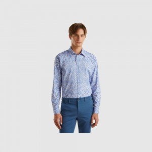 Camisas Benetton Regular fit patterned Hombre Azules Claro | GAWPHD815