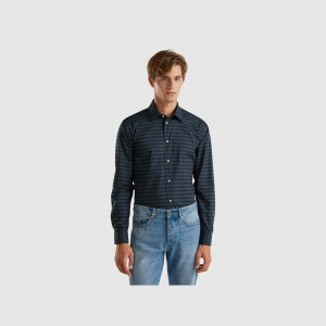 Camisas Benetton Regular fit patterned Hombre Azules Oscuro | QNFVHZ276