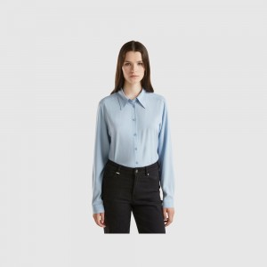Camisas Benetton Regular fit viscose Mujer Azules | FMINHT485