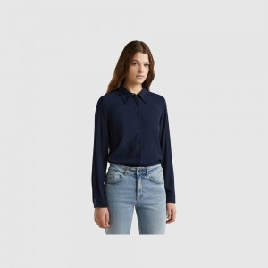 Camisas Benetton Regular fit viscose Mujer Azules Oscuro | ZXKHQL149