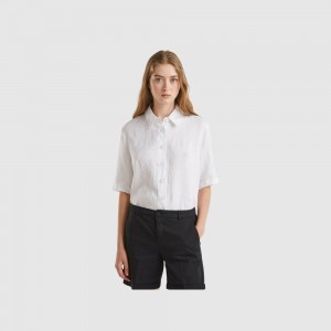 Camisas Benetton Short pure linen Mujer Blancos | FWCNHL546