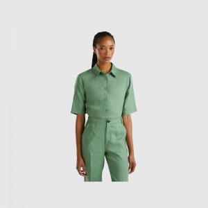 Camisas Benetton Short pure linen Mujer Verdes | QTPYXG058
