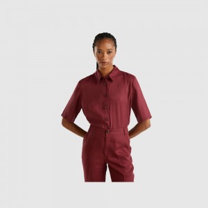 Camisas Benetton Short pure linen Mujer Vino | DJWSLN156