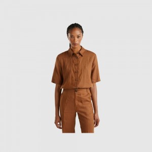 Camisas Benetton Short pure linen Mujer Marrom | TOEMBN935