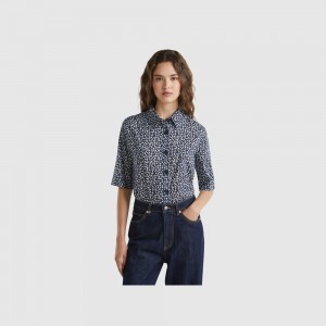 Camisas Benetton Short sleeve patterned Mujer Azules Oscuro | HXJUFK468