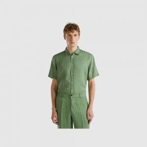 Camisas Benetton Short sleeve pure linen Hombre Verdes | MWTSIK824