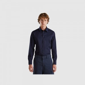 Camisas Benetton Slim fit Hombre Azules Oscuro | DHSMBF916