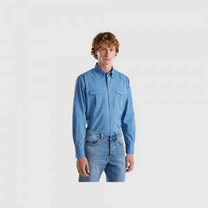 Camisas Benetton Slim fit buttondown Hombre Azules Claro | KWZMTR873