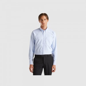 Camisas Benetton Slim fit button-down Hombre Azules Claro | ITPFKE697