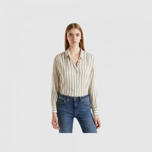 Camisas Benetton Striped V-neck Mujer Blancos | AVYFOH074