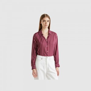Camisas Benetton Striped V-neck Mujer Vino | IAEQOL498