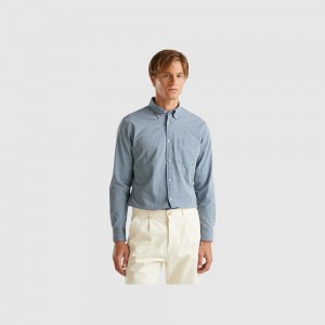 Camisas Benetton Striped button down Hombre Azules | XLDTQN527