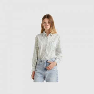 Camisas Benetton Striped made from linen blend Mujer Verdes | FVJWLU845
