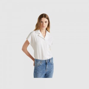 Camisas Benetton Striped short sleeve Mujer Blancos | SFXMZI901