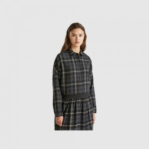 Camisas Benetton Tartan check wool blend Mujer Grises Oscuro | DAYJNW146