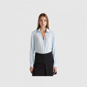 Camisas Benetton V-neck Mujer Azules | QEKBTU682