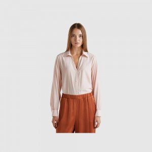 Camisas Benetton V-neck Mujer Rosas | FIEZDQ971